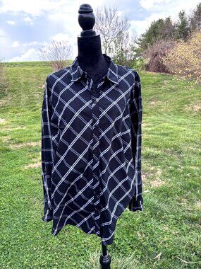 Kim Rogers Button up Blouse 3X Black White Plaid Long Sleeve Lightweight Casual